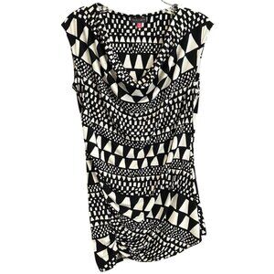 Womens PM Black White Geometric Drape Cowl Neck Tunic Top Ruched Asymmetrical